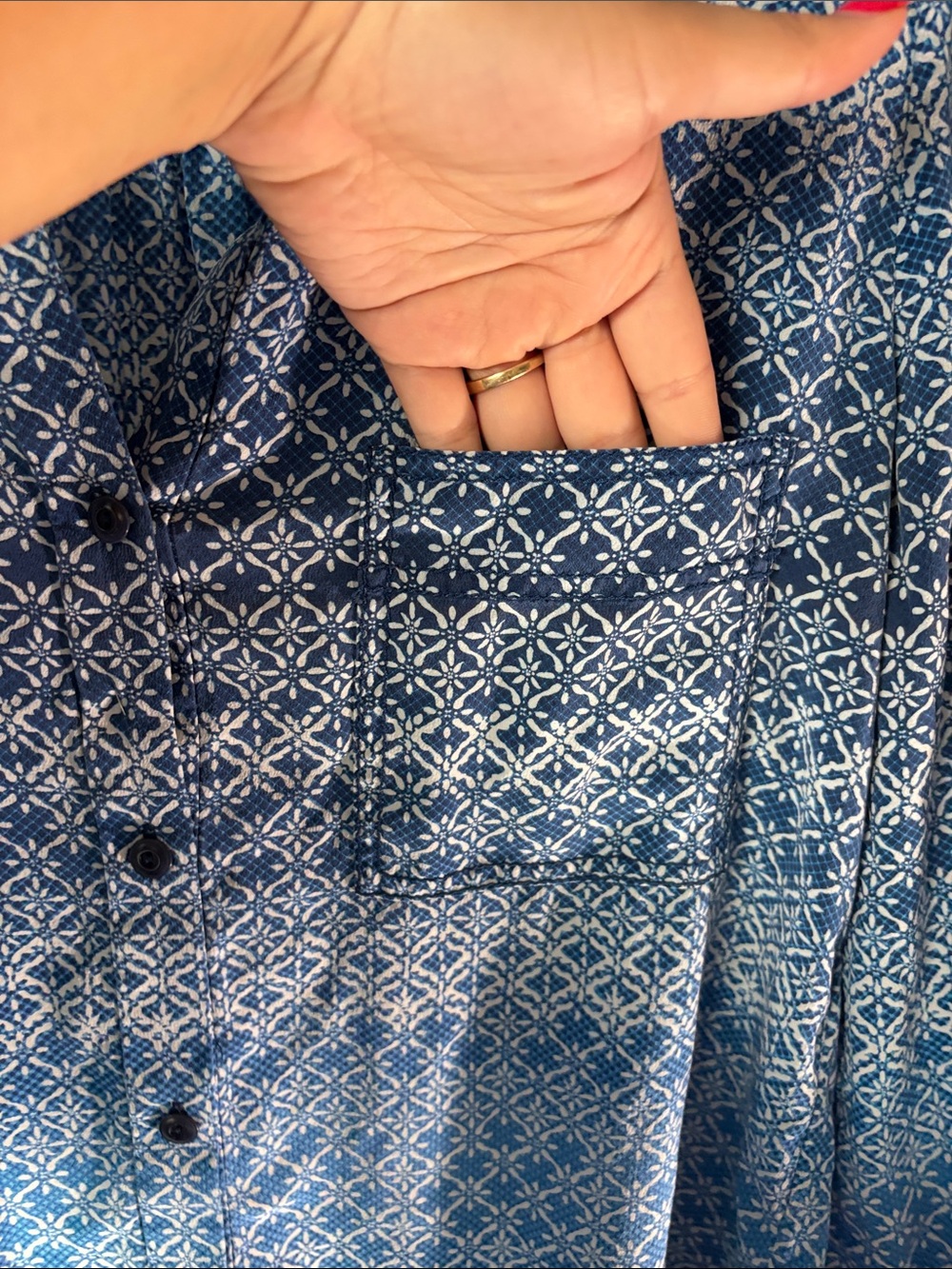 Diane Von Furstenberg Blue and White Printed Button-Down Blouse - Picture 12 of 12